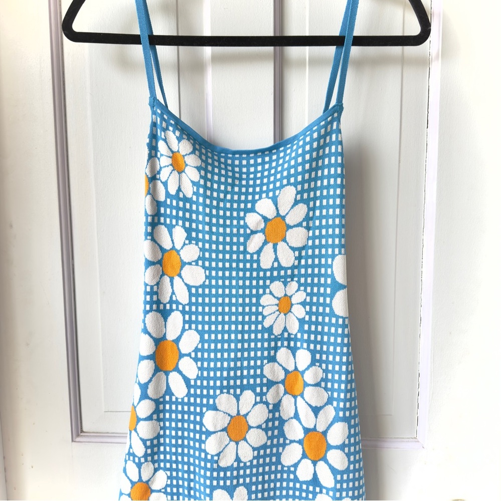 Zara Blue Gingham Daisy Knit Mini Dress Size Large - Picture 6 of 12